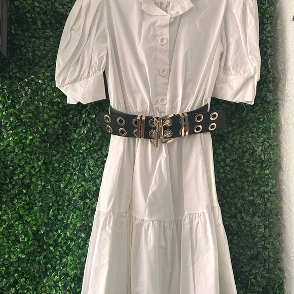 White Cotton Dress with Black Belt - Picture 2 of 5